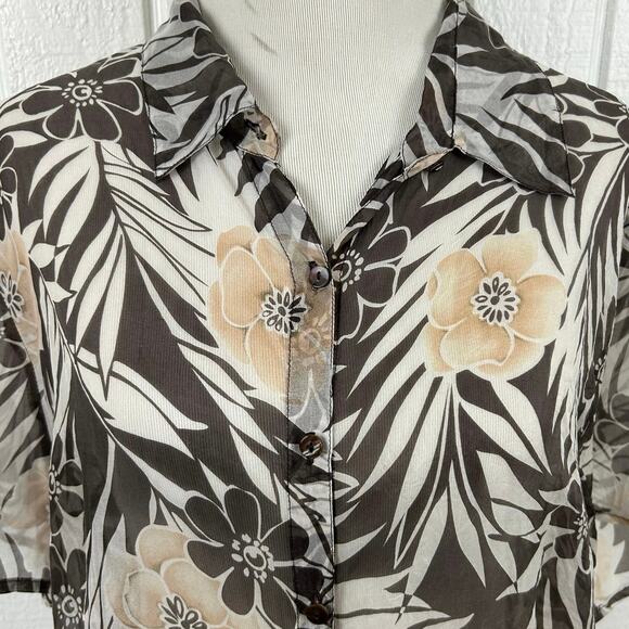 Women Vintage Top Blouse Short Sleeve Tropical Sheer Vacation Silk Brown Size 16 - Picture 4 of 7